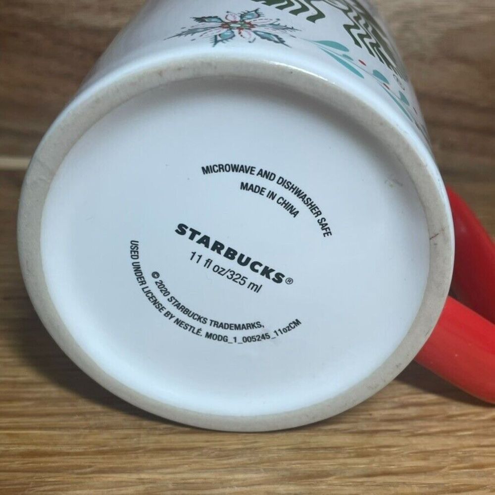 2 Starbucks 2020 Poinsettia Mistletoe Logo Holiday Red Handle Christmas Mug Pair - Picture 12 of 13